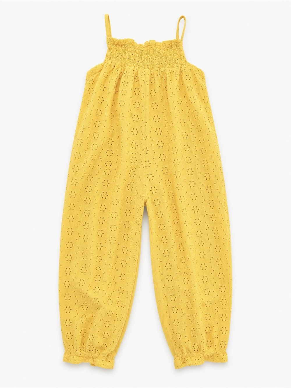 Zara Kids Yellow Eyelet Smocked Spaghetti Strap Jumpsuit, Back Button Closure